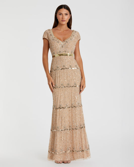 Cap Sleeve Sweetheart Neckline Beaded Sequin Column Gown