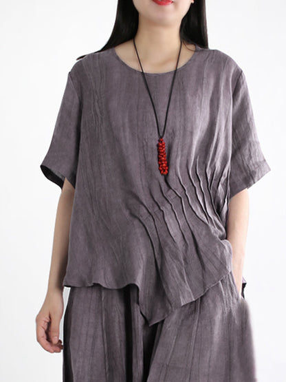 å¤§å°ºç¢¼å¥³å¾©å¤ç´è²äºéº»æ£è¥¯è¡«+è¤²å­
